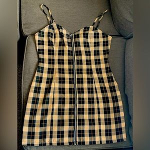 Yellow, black and white plaid mini dress